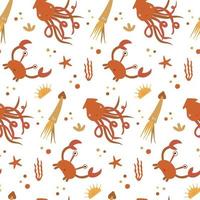 Seamless pattern with crabs and squids, algae, starfish and shells on a white. Background, wrapping paper vector