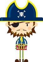 Cute Cartoon Swashbuckling Pirate Captain with Treasure Chest vector