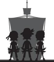 Cartoon Swashbuckling Pirates with Ship in Silhouette vector