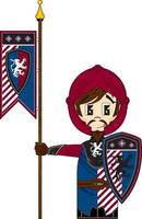 Cute Cartoon Brave Medieval Knight with Shield and Flag vector