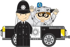 Cute Cartoon Policeman with Robber in Police Car vector