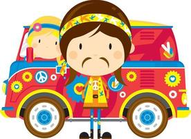 Cartoon Sixties Hippies with Camper Van vector