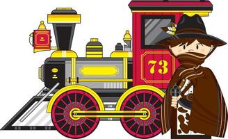 Cute Cartoon Wild West Cowboy Gunslinger with Steam Train vector