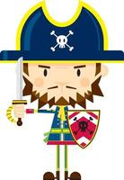 dibujos animados bravucón pirata capitán con espada y proteger vector