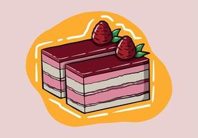 Colorful sweet cake slice. A piece of cake for happy birthday, weddings, celebrations, greeting, valentine's day invitation cards. Cute strawberry cake. Vector illustration in flat style.