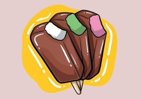 Refreshment ice-cream hand drawn vector set, three bright chocolate ice creams on a wooden stick in a different colors