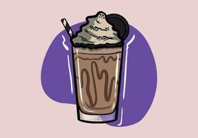 Coffee frappe in a glass vector isolated. Red straw in a tasty cold beverage. Delicious fresh drink with biscuite
