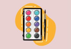 Top view of watercolor paints in box with paint brush isolated on background. Colorful watercolor palette. Artists palette with various colour paints. Watercolour box. Stock vector illustration