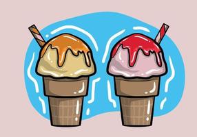 Hand drawn vector Ice Cream, american scoop ball ice creams in waffle cones, icon set of vibrant kids soft ice creams in a isolated background