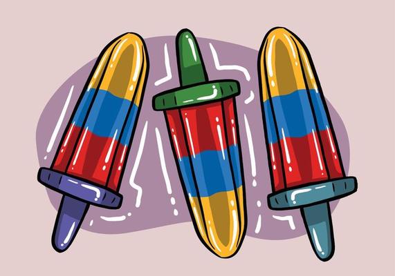Set of Colorful Three Striped Popsicles on isolated. Ice Creams on Sticks. Hand drawn cure ice cream Vector Illustration.