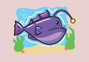 Angler fish. Hand drawn angler fish cartoon style. Fish with a flashlight. Vector illustration, isolated on background