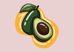 Hand drawn whole avocado with leaf and half with seed isolated on background. Vector illustration.