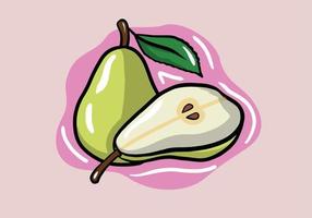 Hand drawn vector green pear whole and half for organic food, drink product design. Fresh sweet fruit full of vitamins for healthy eating, diet. Natural product, fruity ripe dessert.