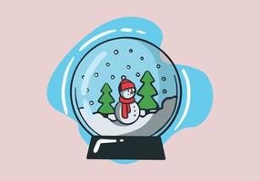 Hand drawn christmas snow globe. New Year' glass snow globe with snowman and presents under tree. vector