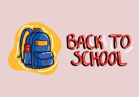 Back to school red vintage sign with blue school bag isolated on background. Vector hand drawn illustration with blue backpack. Educational banner design