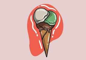 gofre cono con Tres cucharadas de hielo crema con diferente sabores vistoso helado pelotas con aspersión. de colores plano vector ilustración aislado en antecedentes.