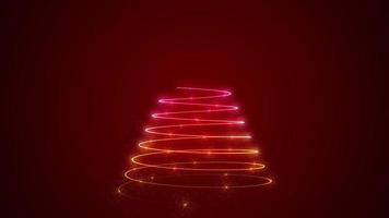 Glowing pink and gold neon spiral Christmas Tree and glittering particles on dark red gradient background. Full HD festive Christmas motion background animation. video
