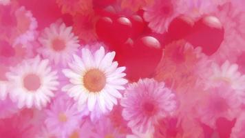 Romantic Valentine's Day background with gently moving love hearts, white daisy flowers and pink and red gerbera daisies in the style of an oil painting. Full HD and looping floral design background. video