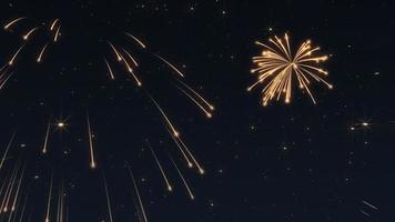 festivo Novo ano celebração fogo de artifício exibição fundo com explodindo dourado fogos de artifício e brilhante ouro estrelas e partículas. video