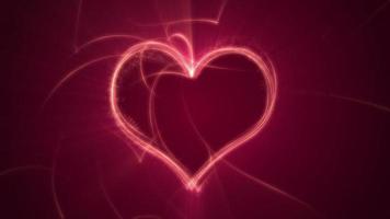 lysande gyllene neon hjärta med strömmande partiklar och virvlande ljus balkar på mörk röd. detta romantisk hjärtans dag bakgrund är full hd och en sömlös slinga. video