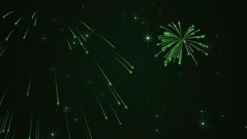heilige Patrick dag viering vuurwerk Scherm achtergrond met exploderend groen vuurwerk en glimmend vloeiende sterren en deeltjes. video