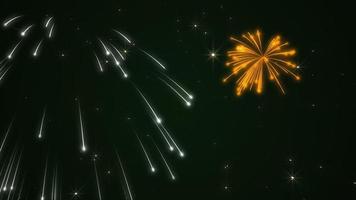 Saint Patrick's Day celebration firework display background with exploding fireworks in the Irish green, white and gold colors with shiny flowing stars and particles. video