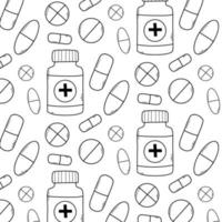 Seamless pattern with pills, vitamins and capsules. Medical print with drugs. Vector illustration. Doodle style.