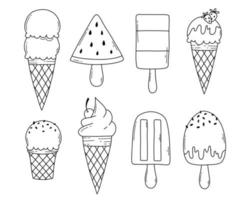 Set of ice creams in doodle style. Vector illustration. Linear style. Ice cream in a waffle cone with tubers.