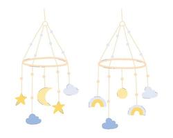 Set Baby toy mobile. Vector illustration.Collection toy in flat style. Hand drawn hanging children toy.