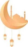 golden mosque behind 3d shiny crescent moon and beautiful lantern for islamic icon and element for ramadan kareem vector