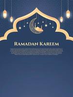 ramadan kareem poster template with ornament golden lantern and mosque on crescent moon vector background design