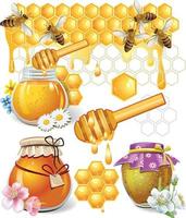 Set of images on the theme of honey Bees, honeycombs, jars of fresh honey vector