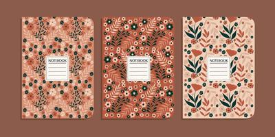 conjunto de Nota libro cubrir modelo con mano dibujado floral modelo. resumen retro botánico fondo.tamaño a4 para cuadernos, planificadores, escuela, folletos, libros, catálogos vector