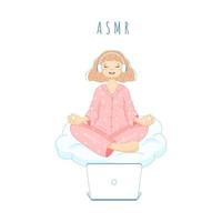 Girl in lotus pose listening to ASMR. Character in cartoon style. vector