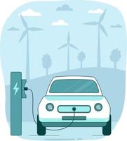 electric car charging, with wind turbines in the background vector