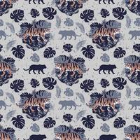 Tigers on a background of tropical leaves. Seamless pattern. vector