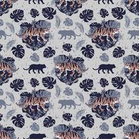 Tigers on a background of tropical leaves. Seamless pattern. vector