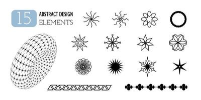Set of vector abstract geometric shapes. Aesthetics of Y2K. Trendy minimalist design elements, patterns, futuristic figures, 3d objects.