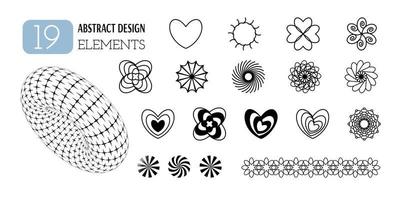 Set of vector abstract geometric shapes. Aesthetics of Y2K. Trendy minimalist design elements, patterns, futuristic figures, 3d objects, hearts.