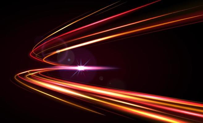 Modern abstract high speed light effect. Technology futuristic dynamic motion. Glow of bright lines of transport vehicle drive on road highway. Vector illustration