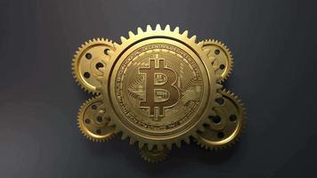 bitcoin com dourado metal engrenagens, criptomoeda conceito video