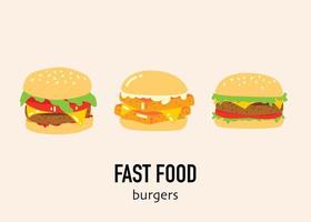 un conjunto de Tres hamburguesas con el palabras rápido comida en ellos vector