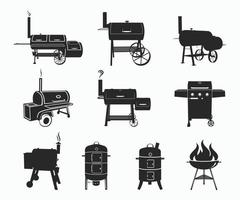 parrilla barbacoa icono silueta colocar. carbón parrillas, gas parrillas y madera despedido parrillas vector ilustración