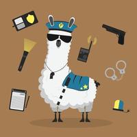 Cute funny policeman lama cartoon alpaca police mascot. LLama animal hand drawn vector