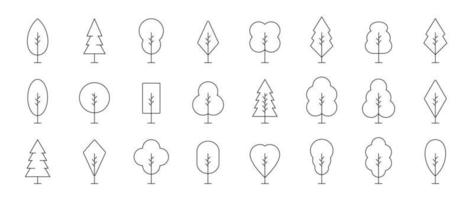 Set of trees linear vector icon. Geometric tree shape, plants, pine, nature and ecology related vector symbol hand drawn contour collection. Line art illustration design for logo, sticker, branding.
