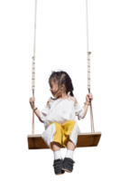 Child girl swinging on a wooden swing isolated on transparent background png file