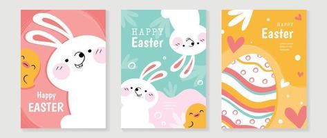 Happy Easter element cover vector set. Hand drawn playful cute rabbit decorate with easter eggs, chicks, heart, vibrant color texture. Collection of adorable doodle design for decorative, card, kids.