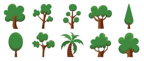 Set of cartoon trees vector. Simple modern style flat forest, jungle, coconut trees, deciduous meadow cute green plants. Design illustration for agricultural garden, nature park, comic landscape. vector