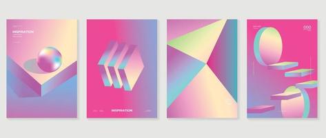 Abstract gradient background vector set. Minimalist style cover template with vibrant iridescent 3d geometric prism shapes collection. Ideal design for social media, poster, cover, banner, flyer.