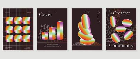 Abstract gradient background vector set. Futuristic minimal style cover template with colorful vibrant 3d geometric shapes prism and grid lines. Design for social media, poster, cover, banner, flyer.